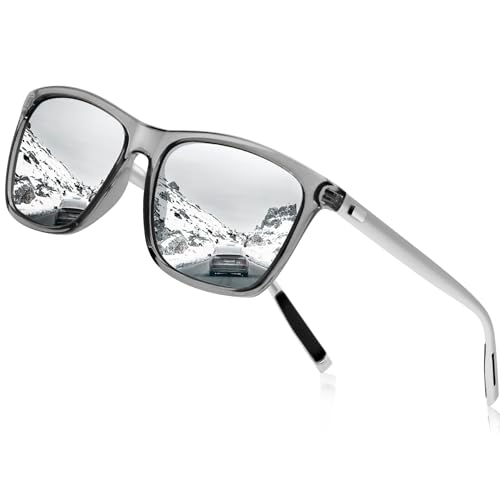 KANASTAL Größe Sonnenbrille Herren und Damen Klassische Retro Polarisiert Sonnenbrille UV400 Schutz für Reise Wandern Angeln Alltag, Grau Durchsichtig Rahmen Verspiegelt Silber Gläser von KANASTAL