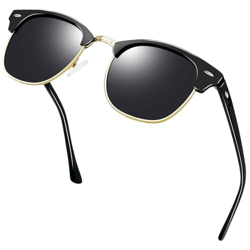 KANASTAL Halbrahmen Sonnenbrille Herren und Damen Klassische Retro Polarisiert Halbrand Sonnenbrille UV400 Schutz mit Metallrahmen, Schwarz Gold Rahmen Schwarz Gläser von KANASTAL