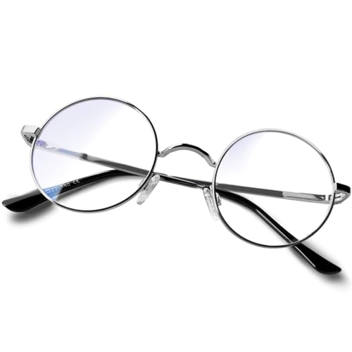 KANASTAL Runde Blaulichtfilter Brille Damen Herren Retro Vintage Blaulichtbrille Ohne Stärke für PC/Handy/TV/Gaming UV 400 Schutz, Silber Rahmen von KANASTAL