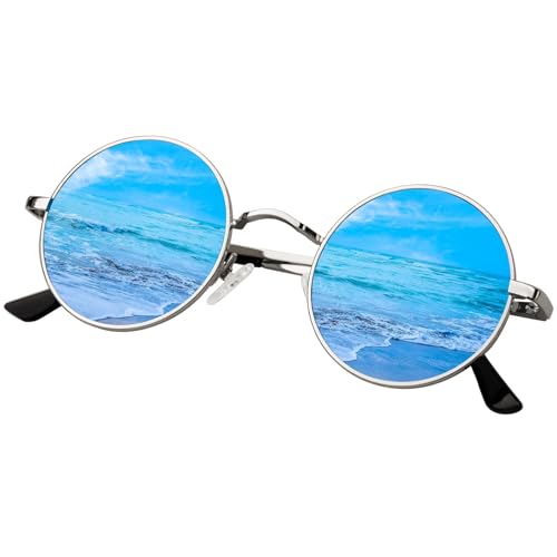 KANASTAL Sonnenbrille Herren Rund Blau Gläser Runde Rave Brille Polarisiert Steampunk Vintage Sonnenbrille 90er Style UV Schutz für Fahren und Alltag von KANASTAL