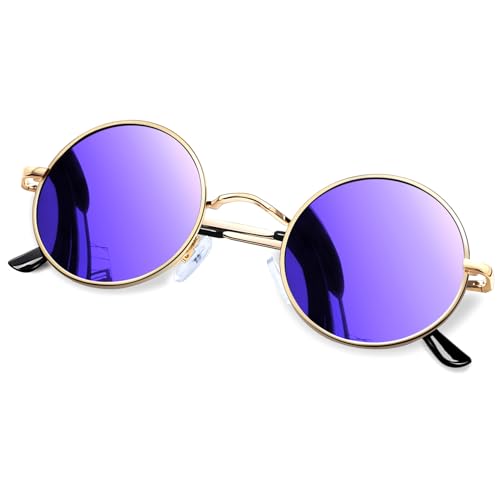 KANASTAL Sonnenbrille Herren Rund Verspiegelt Lila Runde Rave Brille Steampunk Vintage Runde Sonnenbrille Damen Retro Klassische 90er Style mit Metallrahmen von KANASTAL