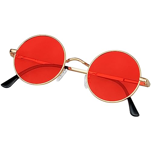 KANASTAL Sonnenbrille Herren Rund Rot Gläser Runde Rave Brille Polarisiert Steampunk Vintage Sonnenbrille 90er Style UV Schutz für Fahren und Alltag von KANASTAL