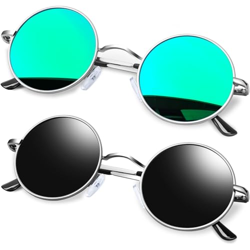 KANASTAL Runde Sonnenbrille Herren und Damen 2er Set Polarisiert Schwarze und Verspiegelt Grün Klassische Rund Brille Retro Rave Hippie Steampunk mit Metallrahmen von KANASTAL