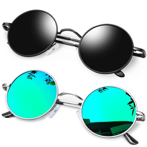 KANASTAL Runde Sonnenbrille Herren und Damen 2er Set Polarisiert Schwarze und Verspiegelt Grün Rund Brille UV-Schutz 90er Rave Hippie Steampunk Style mit Metallrahmen von KANASTAL