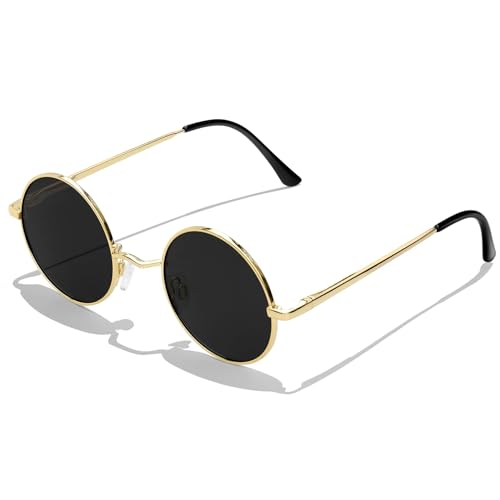 KANASTAL Runde Sonnenbrille Herren und Damen Schwarze Rave Brille Gold Rahmen Sonnenbrille Classic Retro 90er Style Polarisiert Steampunk Sonnenbrillen mit UV Schutz von KANASTAL