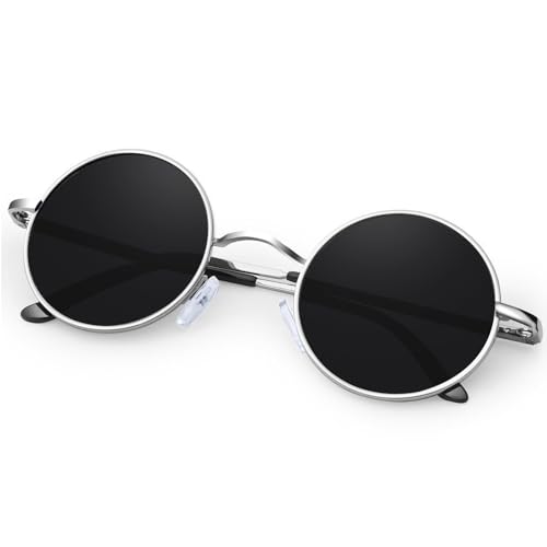 KANASTAL Runde Sonnenbrille Herren und Damen Schwarze Rave Brille Silber Rahmen Sonnenbrille Classic Retro 90er Style Polarisiert Steampunk Sonnenbrillen mit UV Schutz von KANASTAL