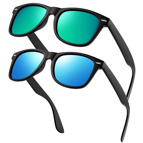 KANASTAL 2er Set Polarisiert Sonnenbrille Herren Damen Retro Rechteckig Sonnenbrille UV400 Schutz, Matt Schwarz Rahmen Grün Gläser und Matt Schwarz Rahmen Blau Gläser von KANASTAL