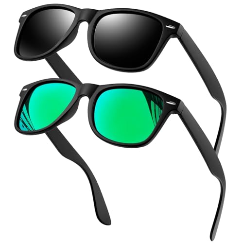 KANASTAL 2er Set Polarisiert Sonnenbrille Herren Damen Retro Rechteckig Sonnenbrille UV400 Schutz, Matt Schwarz Rahmen Gläser und Matt Schwarz Rahmen Grün Gläser von KANASTAL