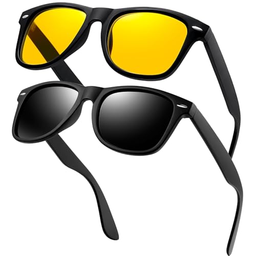 KANASTAL 2er Set Polarisiert Sonnenbrille Herren Damen Retro Rechteckig Sonnenbrille UV400 Schutz, Matt Schwarz Rahmen Gläser und Matt Schwarz Rahmen Nachtfahrbrille von KANASTAL