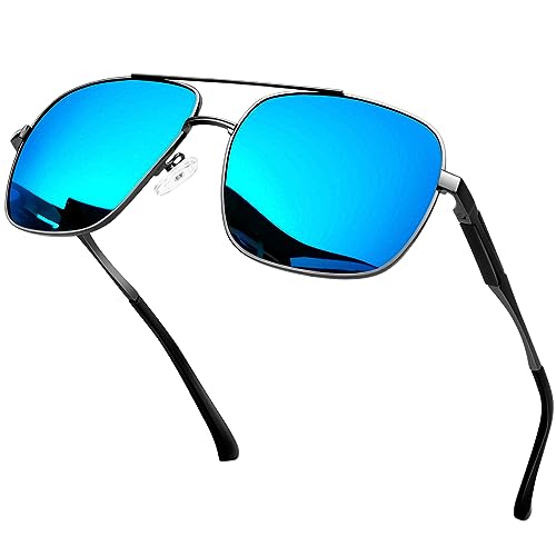 KANASTAL Sonnenbrille Verspiegelt Blau Gläser mit Grau Premium Metallrahmen Quadratisch Sonnenbrillen UV400 Schutz Retro Fahrerbrille für Outdoor-Sportarten von KANASTAL