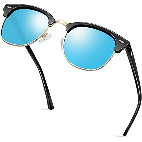 KANASTAL Halbrahmen Sonnenbrille Herren und Damen Verspiegelt Blau Glänzend Schwarz Rahmen Sonnenbrillen Retro Klassisch für Autofahren Angeln Wandern und Alltag von KANASTAL