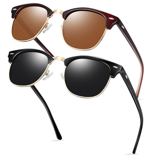 KANASTAL 2er Pack Sonnenbrille Herren und Damen Polarisiert Retro Klassische Halbrahmen Sonnenbrille mit Metallrahmen UV400 Schutz, Glänzend Schwarz und Braun Rahmen Braun Gläser von KANASTAL