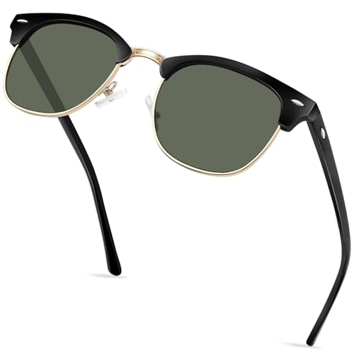 KANASTAL Halbrahmen Sonnenbrille Herren und Damen Klassische Retro Polarisiert Halbrand Sonnenbrille UV400 Schutz mit Metallrahmen, Schwarz Gold Rahmen G15 Gläser von KANASTAL