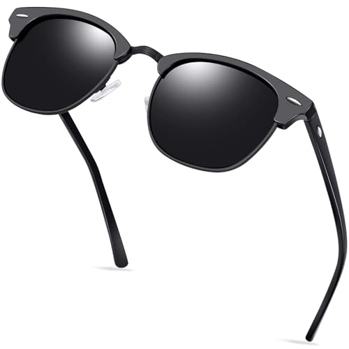 KANASTAL Halbrahmen Sonnenbrille Herren und Damen Klassische Retro Polarisiert Halbrand Sonnenbrille UV400 Schutz mit Metallrahmen, Matt Schwarz Rahmen Schwarz Gläser von KANASTAL