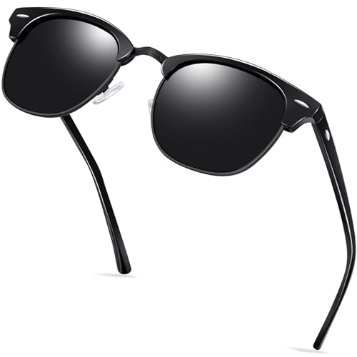 KANASTAL Sonnenbrille Halbrahmen Polarisiert Schwarz für Herren Retro Klassisch Glänzend Schwarz Rahmen Sonnenbrillen Damen UV400 Schutz von KANASTAL