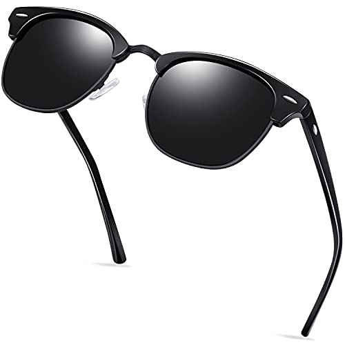 KANASTAL Halbrahmen Sonnenbrille Herren und Damen Klassische Retro Polarisiert Halbrand Sonnenbrille UV400 Schutz mit Metallrahmen, Glänzend Schwarz Rahmen Schwarz Gläser von KANASTAL