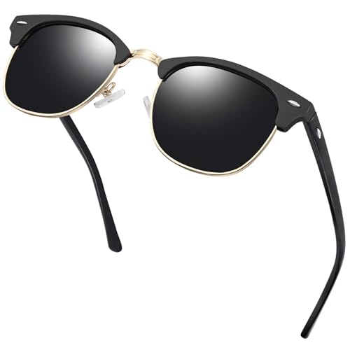 KANASTAL Halbrahmen Sonnenbrille Herren und Damen Klassische Retro Polarisiert Halbrand Sonnenbrille UV400 Schutz mit Metallrahmen, Matt Schwarz Gold Rahmen Schwarz Gläser von KANASTAL