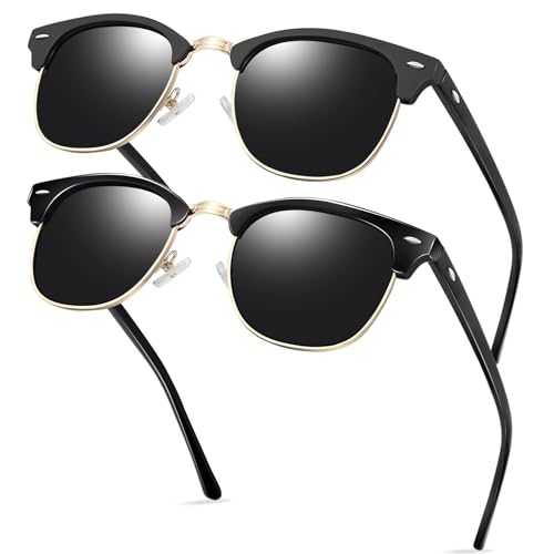 KANASTAL 2er Pack Sonnenbrille Herren und Damen Polarisiert Retro Klassische Halbrahmen Sonnenbrille mit Metallrahmen UV400 Schutz, Glänzend Schwarz und Matt Schwarz von KANASTAL