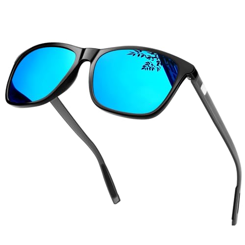 KANASTAL Größe Sonnenbrille Herren und Damen Retro Polarisiert Sonnenbrille UV400 Schutz für Reise Wandern Angeln Alltag, Glänzend Schwarz Rahmen Verspiegelt Blau Gläser Grau Bügel von KANASTAL