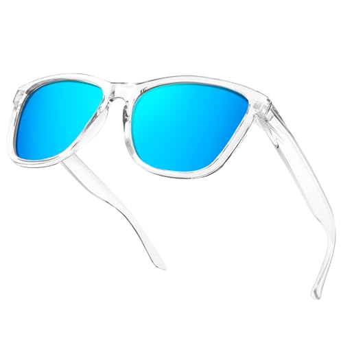 KANASTAL Sonnenbrille Herren und Damen Verspiegelt Blaue Transparentem Rahmen Klassische Sonnenbrille für Reise Wandern und Alltag von KANASTAL