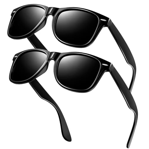 KANASTAL 2er Set Polarisiert Sonnenbrille Herren Damen Retro Rechteckig Sonnenbrille UV400 Schutz, Glänzend Schwarz Rahmen Schwarz Gläser 2 Paare von KANASTAL