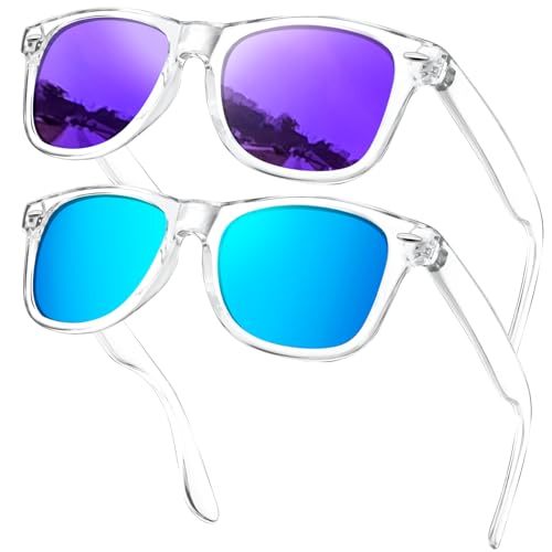 KANASTAL Sonnenbrille Verspiegelt Gläser Blaue und Lila mit Transparentem Clear Rahmen Rock Sonnenbrillen für Herren und Damen UV400 Schutz Klassische Retro Brille von KANASTAL