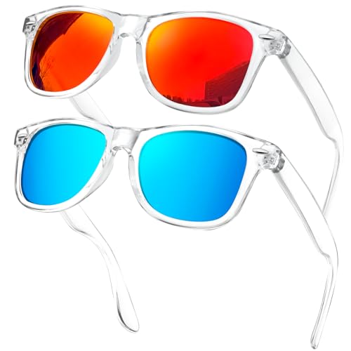 KANASTAL Sonnenbrille Verspiegelt Gläser Blaue und Rot mit Transparentem Clear Rahmen Rock Sonnenbrillen für Herren und Damen UV400 Schutz Klassische Retro Brille von KANASTAL