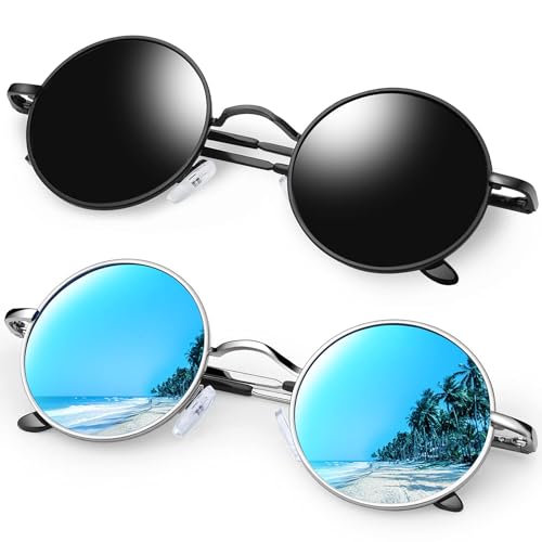 KANASTAL Runde Sonnenbrille Herren und Damen 2er Set Polarisiert Schwarze und Verspiegelt Blau Rund Brille UV-Schutz 90er Rave Hippie Steampunk Style mit Metallrahmen von KANASTAL