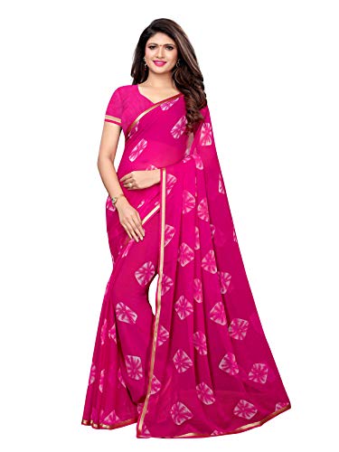 KANCHNAR Damen Orange Bedruckter Bandhani Chiffon Sari mit ungenähter Bluse, Magenta, Einheitsgröße von KANCHNAR