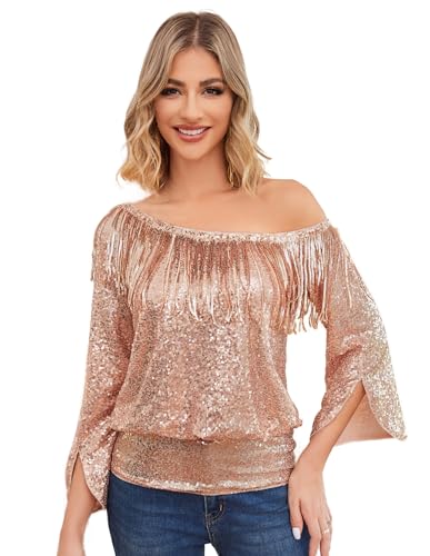 Damen Glitter Party Pailletten Top 3/4 Ärmel Vintage Gorgeous Top für Valentinstag Herst Rosa-Gold M KC0349A23-02 von KANCY KOLE