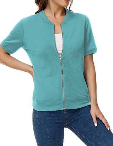 Damen-Sweatshirt mit kurzen Ärmeln, lässig, durchgehender Reißverschluss, Bomber mit Taschen, Grün-blau, L von KANCY KOLE
