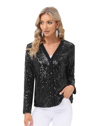 KANCY KOLE Damen Elegant Tops Langarm V-Ausschnitt Button-up Bluse Cocktail Tops Schwarzer Glitzer Cardigan Schwarz M KC0261A22-01 von KANCY KOLE