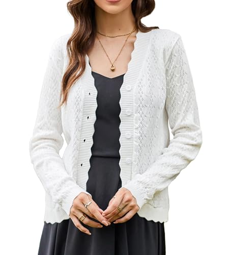 KANCY KOLE Damen Sommer Leichte Strickjacke mit Knöpfen V-Ausschnitt Langarm Strickpullover Open Front Cardigan Elfenbeinweiß S von KANCY KOLE