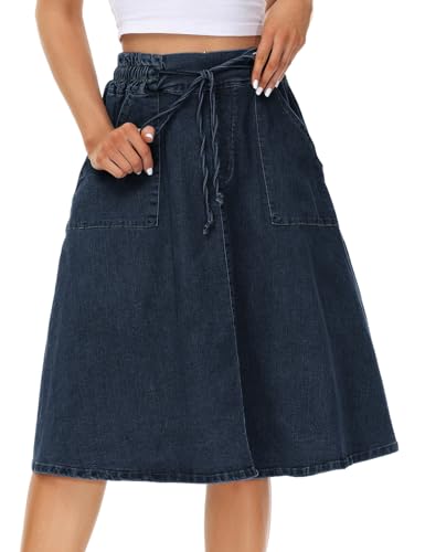 KANCY KOLE Damen Klassisch Jean Midi Rock Elastische Kordelzug Taille Rock für Outgoing Dating Denim Blau KC0140A21-01 S von KANCY KOLE