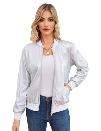 KANCY KOLE Damen Metallic Jacken Glitzer Bomberjacke Frontreißverschlus 80er Jahre Disco Party Pailletten Blazer Oberteilmit Taschen Silber Weiß XXL von KANCY KOLE