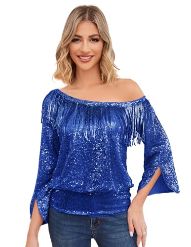 KANCY KOLE Damen Pailletten Glitzernde Fransen Top One Shoulder Disco Sparkle Glitter Tops für Konzert Party Club Night Royal Blau S von KANCY KOLE