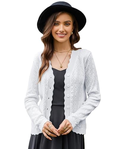 KANCY KOLE Damen Strickjacke Sommer Langarm V-Ausschnitt Leicht Cardigan für Kleid Bolerojacke mit Knöpfen Weiß XXL von KANCY KOLE