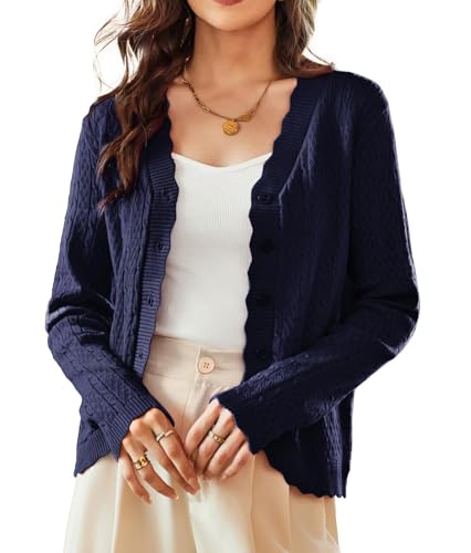 KANCY KOLE Damen Strickjacke Sommer Langarm V-Ausschnitt Leicht Cardigan für Kleid Bolerojacke mit Knöpfen Navy Blau XXL von KANCY KOLE
