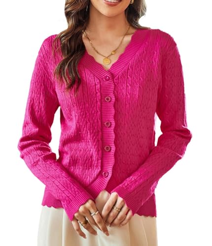 KANCY KOLE Damen Strickjacke Elegant V-Ausschnitt Kurz Strick Cardigan mit Knopfleiste Open Front Sweater Strickwaren Roserot M von KANCY KOLE