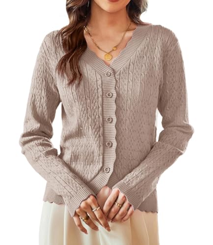 KANCY KOLE Sommer Leichte Kurze Strickjacken für Damen Langärm V-Ausschnitt Strickjacke mit Knöpfen Strickmantel Milchkaffee L von KANCY KOLE