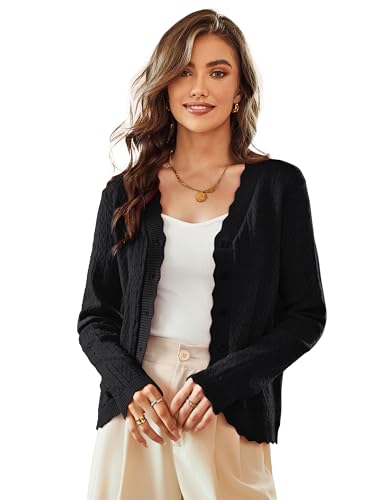 KANCY KOLE Sommer Leichte Kurze Strickjacken für Damen Langärm V-Ausschnitt Strickjacke mit Knöpfen Strickmantel Schwarz L von KANCY KOLE