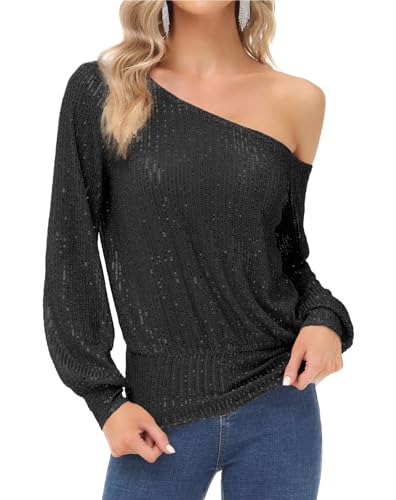 KANCY KOLE Frauen Funkelnde Pailletten Tops Plus Size Langarm Tops Schwarz XXL von KANCY KOLE