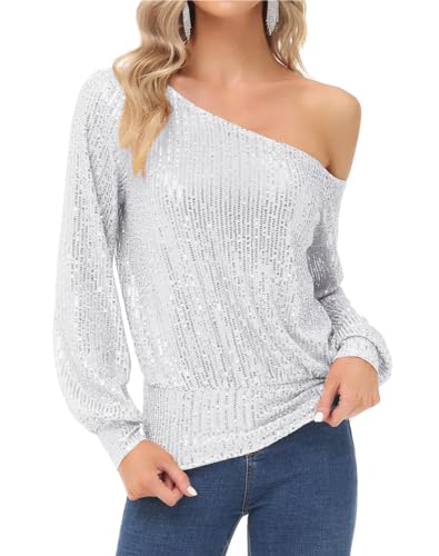 KANCY KOLE Frauen Silber Pailletten Langarm Tops Asymmetrische Off-Shoulder Tops für Party Silber XL von KANCY KOLE