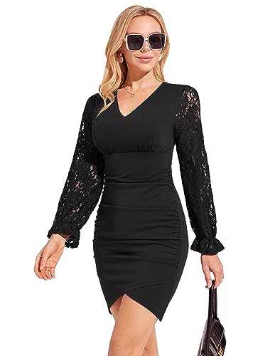 KANCY KOLE Gerüschtes Bodycon Kleid Spitzenärmel V-Ausschnitt Mini Kleid für Business und Partys Schwarz M von KANCY KOLE