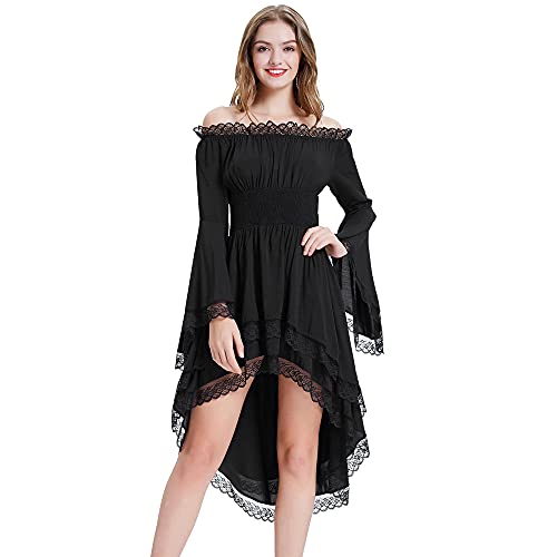 KANCY KOLE Gothic Kleidung Damen Cosplay Kleid Spitze Faltenkleider Rockabilly Party Rand Bell Hülsen Halloween Piraten Kleid Karneval Kostüm Schwarz KC000089-1_XL von KANCY KOLE