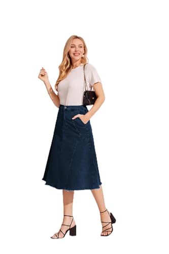 KANCY KOLE Jeansrock Midi Stretch Maxi Rock Für Damen Sommer Navy Blau S von KANCY KOLE