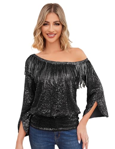 KANCY KOLE Pailletten Damen Festlich Bluse Casual Oberteile Kurz Jacke für Hochzeit Frauen Tops Schwarz S KC0349A23-01 von KANCY KOLE