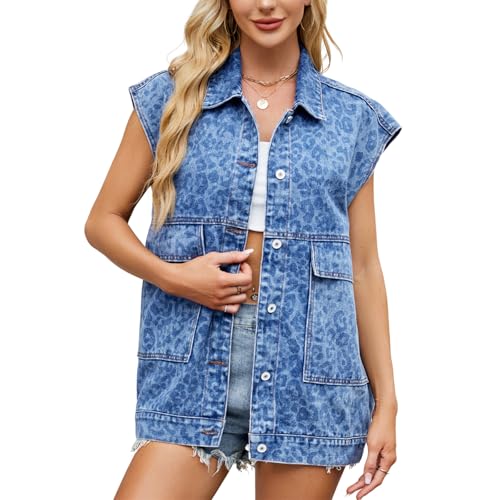 KANDEMY Damen Ärmellos Jeansjacke Trendy Beiläufige Denim Weste Outwear Boyfriend Oversized Freizeitjacken Blau Leopard S von KANDEMY