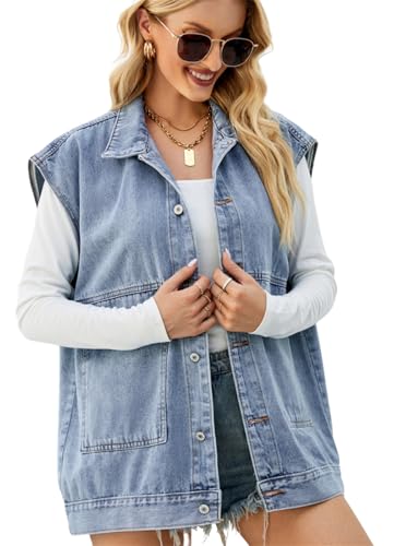 KANDEMY Damen Ärmellos Jeansjacke Trendy Beiläufige Denim Weste Outwear Boyfriend Oversized Freizeitjacken Blau M von KANDEMY