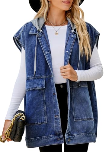 KANDEMY Damen Ärmellos Jeansjacke Trendy Beiläufige Denim Weste Outwear Boyfriend Oversized Freizeitjacken Dunkelblau mit Kapuze XL von KANDEMY
